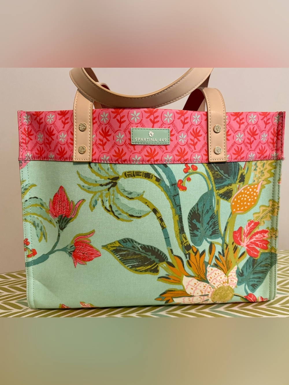 Spartina 449 Mint Floral Canvas Tote with Coral Trim